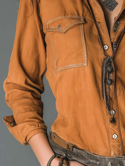 Vintage Caramel Soft Cotton Utility Pocket Shirt