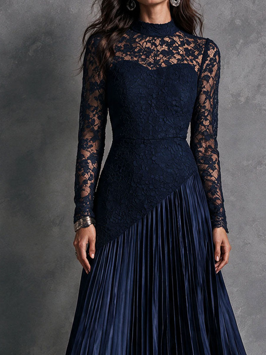 Elegant Mock Neck Lace Patchwork Pleated Satin Evening Maxi Dress