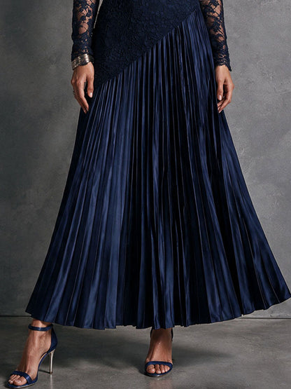 Elegant Mock Neck Lace Patchwork Pleated Satin Evening Maxi Dress