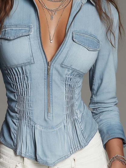Women's Zip-Up Chambray Denim Shirt with Pintuck Waist Detail