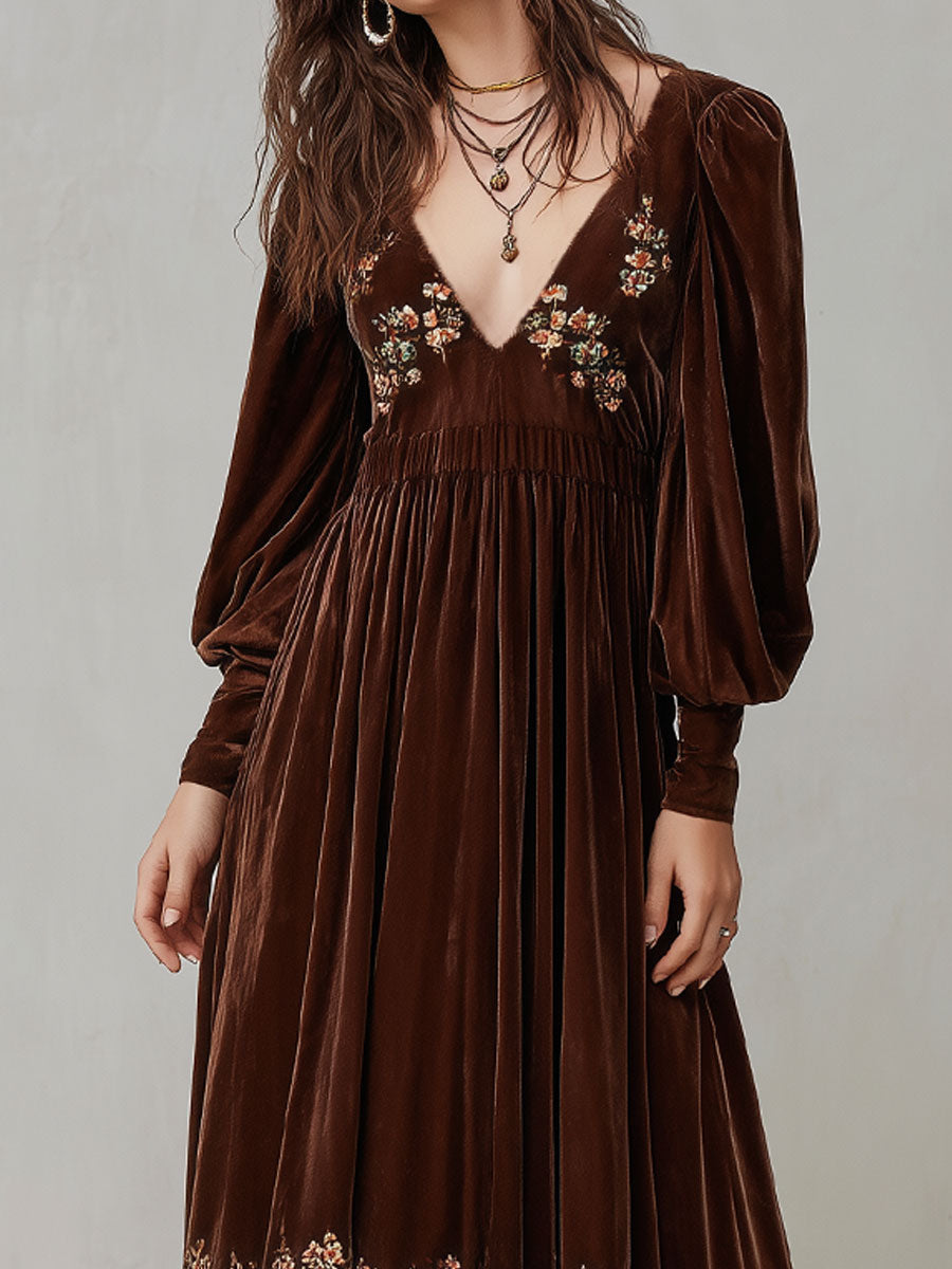Retro Corduroy Embroidered Maxi Dress