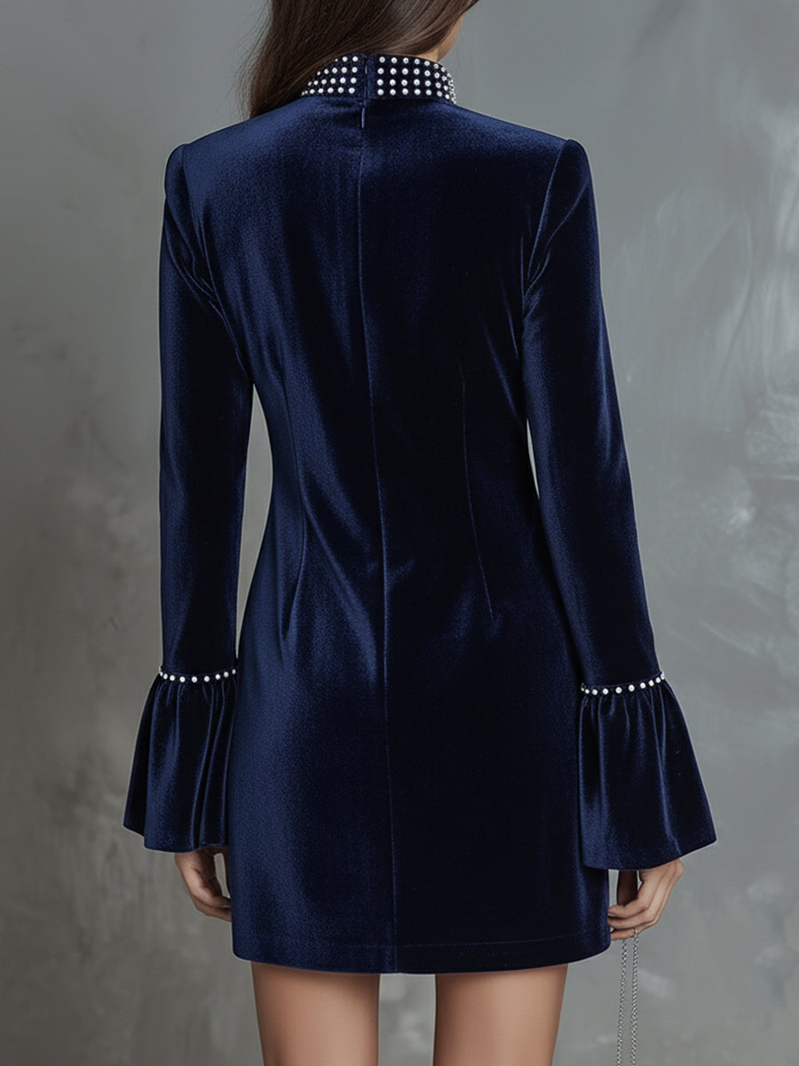 Retro Luxury Velvet Pearl Decorated Mini Dress