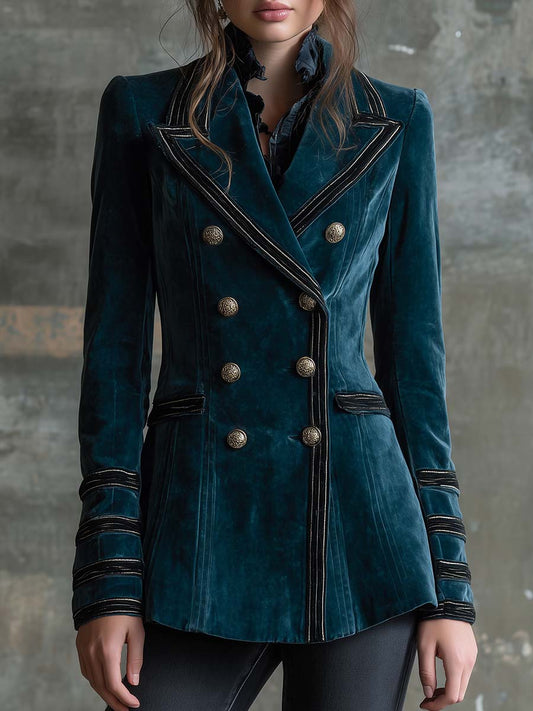 Structured Velvet Military Blazer With Contrast Trim - Dark Teal