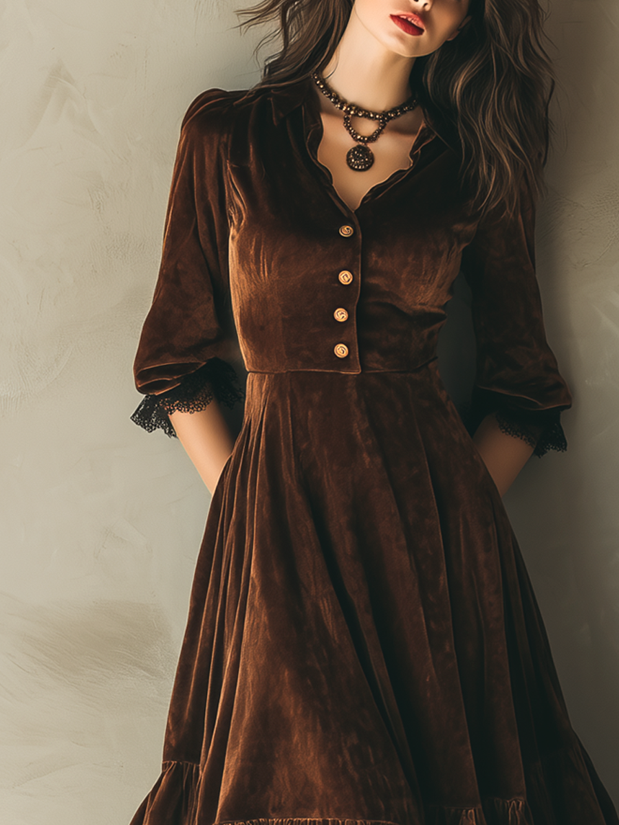 Vintage Metal Button Lace Trim Velvet Midi Dress