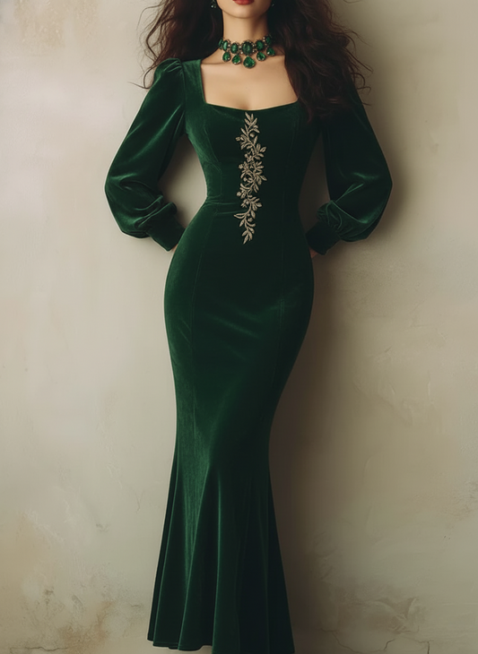 Emerald Green Velvet Square Neck Maxi Dress with Embroidered Detail