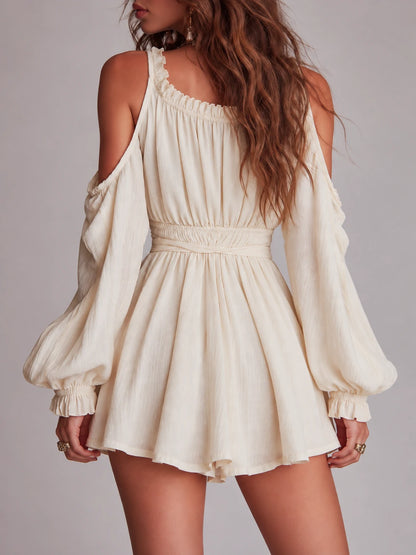 Boho Cotton Mini Dress With Cutout Shoulders And Lantern Sleeves