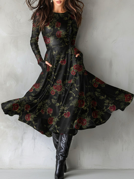 Elegant Black Rose Jacquard Satin Fit-and-Flare Midi Dress