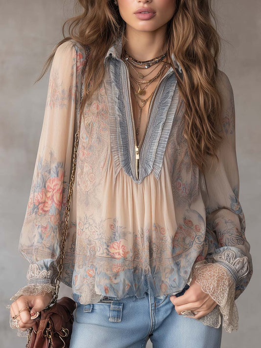 Vintage-style Ruffled Collar Floral Chiffon Blouse
