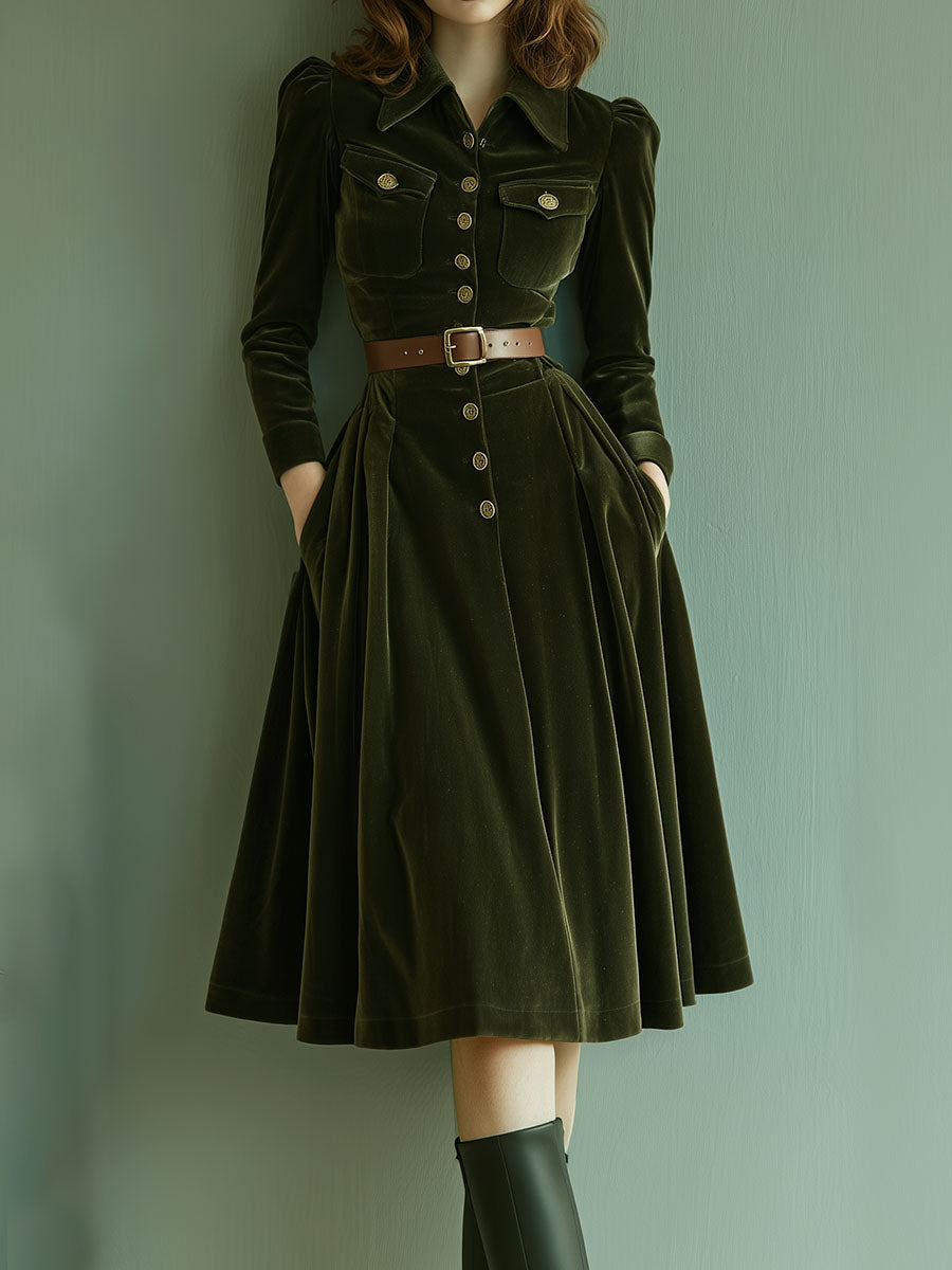Vintage A-Line Long Sleeve Velvet Midi Dress With Pockets