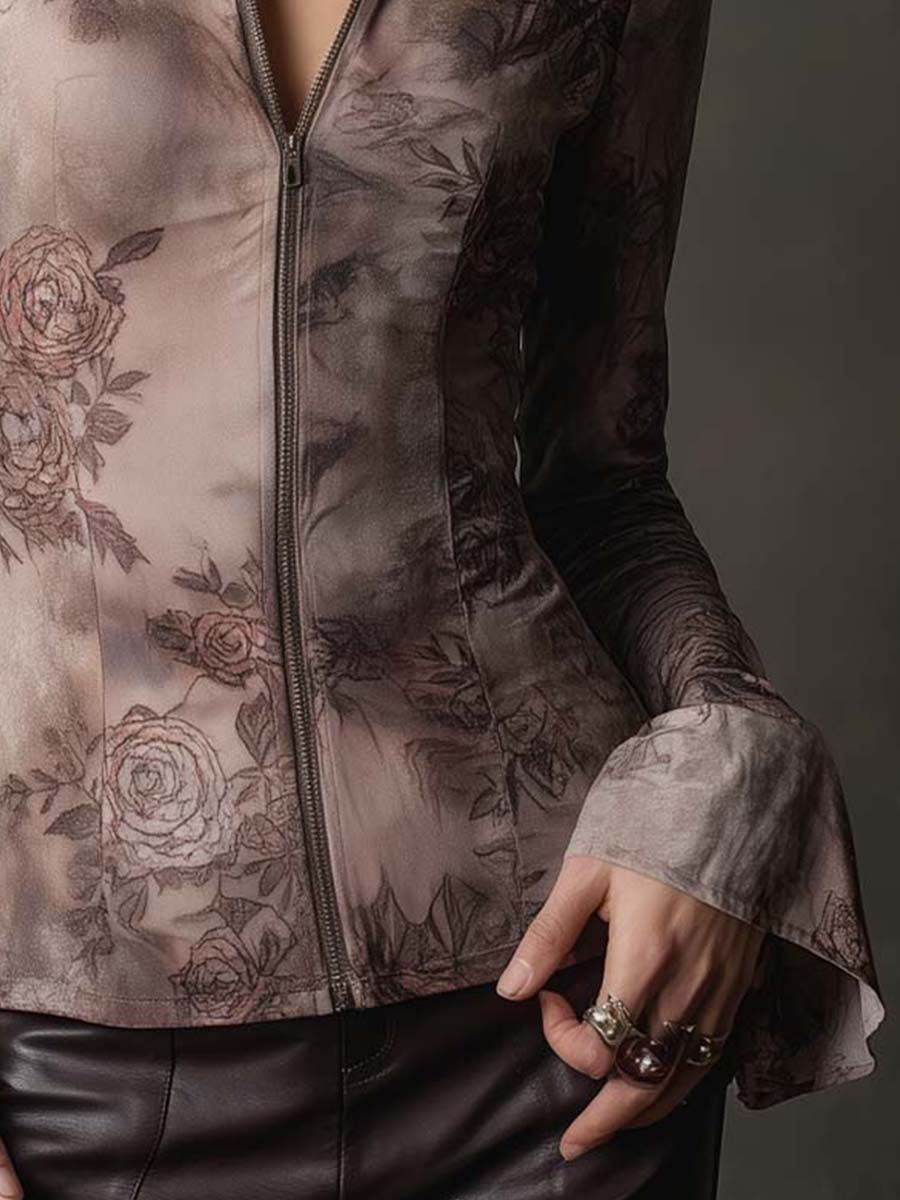 Eco-Suede Rose-Print Fitted Zip Jacket — Desert Botanical Edition