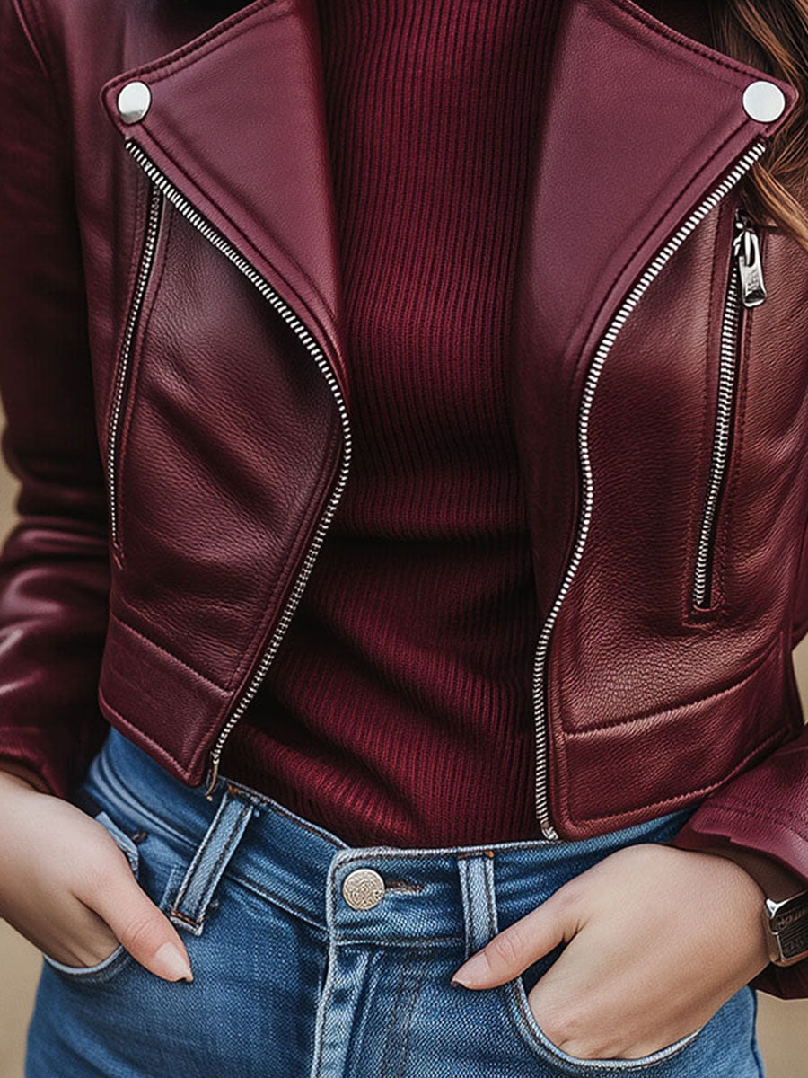 Retro Burgundy Eco Leather Cropped Moto Jacket