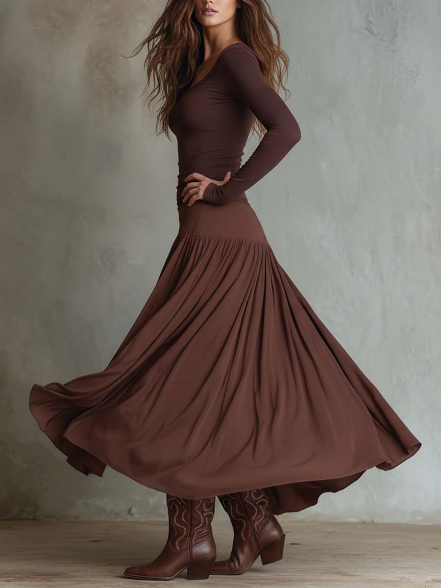 Ribbed Knit And Chiffon Paneled Maxi Dress