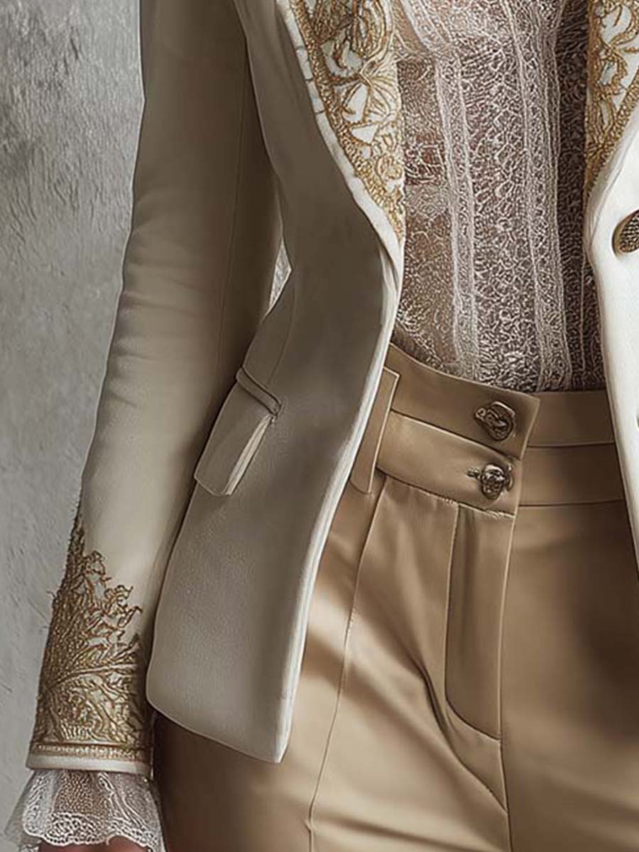 Ivory Embroidered Velvet Blazer With Gold Lace Detailing
