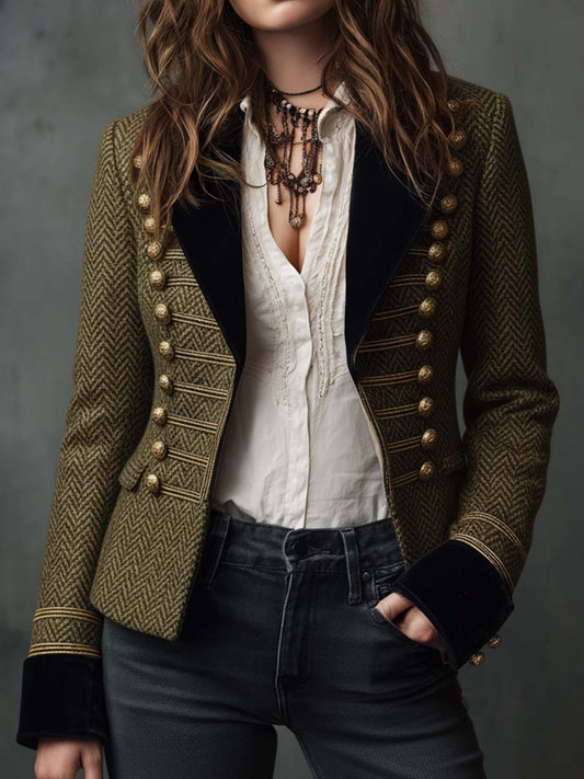 Olive Herringbone Military Blazer With Velvet Trim