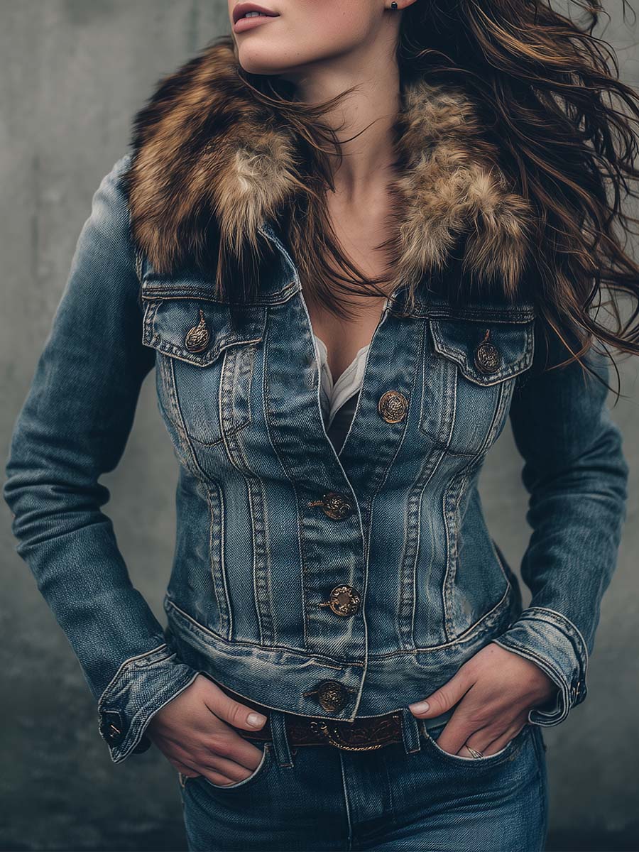 Vintage Denim Fitted Jacket With Detachable Faux Fur Collar