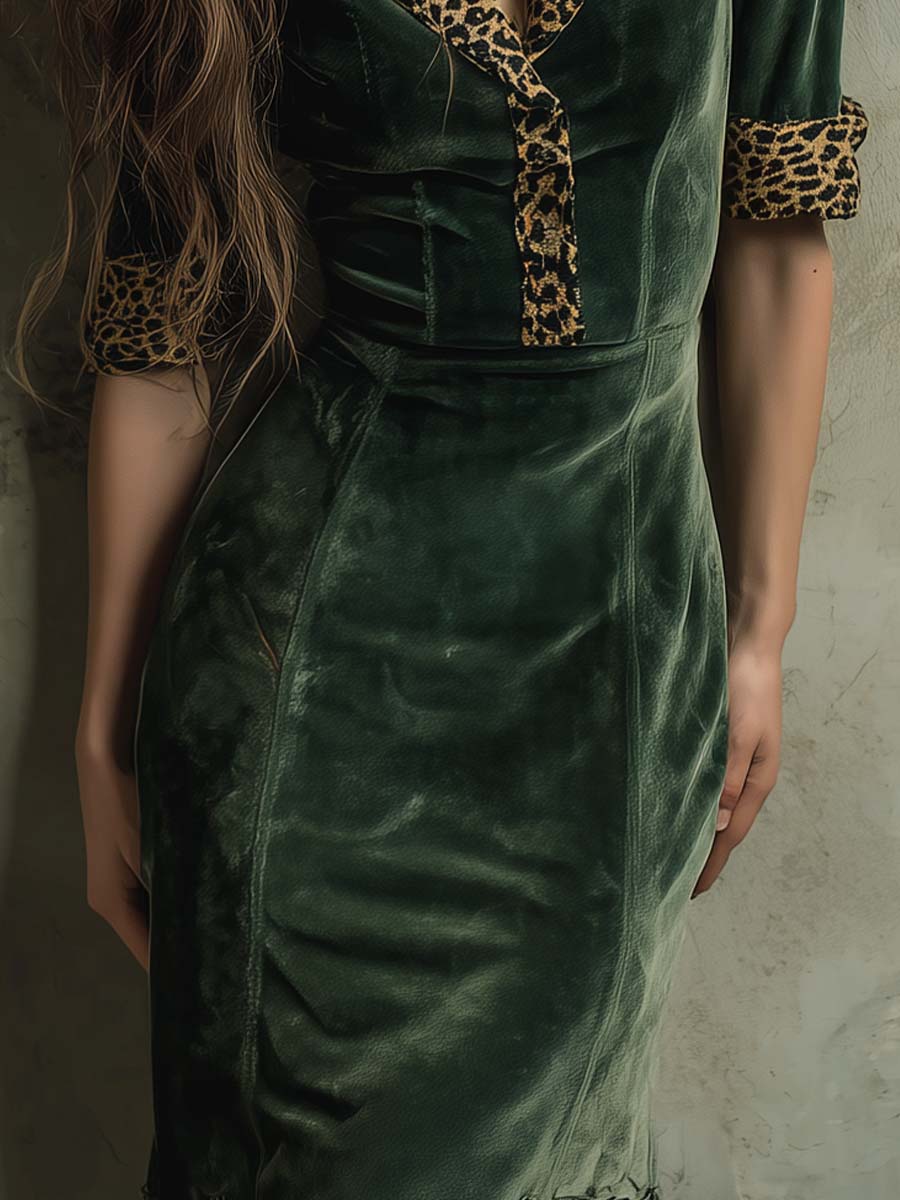 Vintage Green Velvet Leopard Patchwork Midi Dress