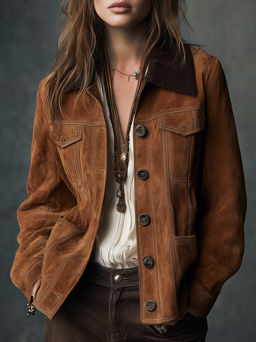 Vintage Caramel Eco-Sued Button-Down Contrast Collar Utility Jacket