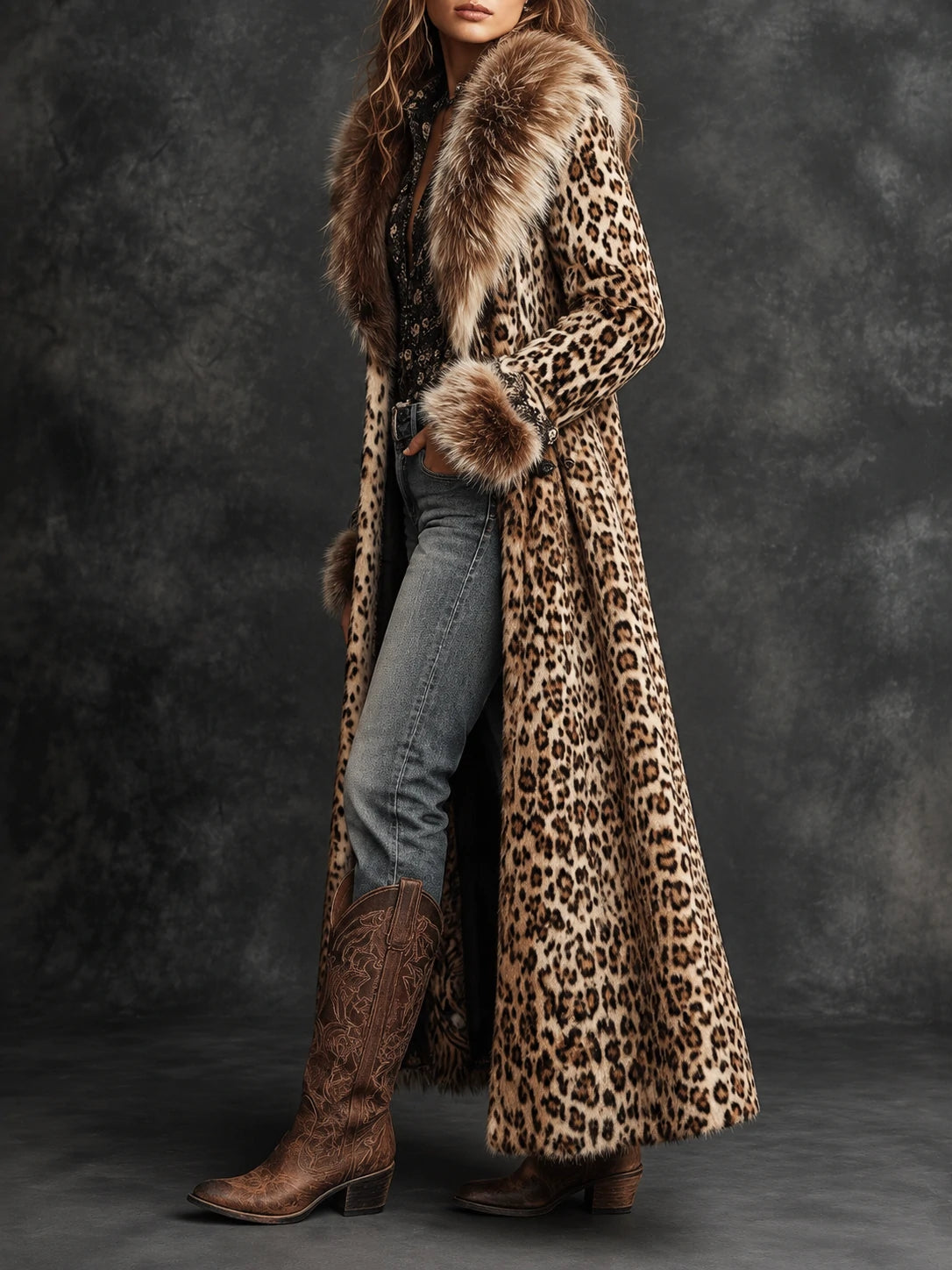 Vintage Boho Leopard  Faux Fur Longline Coat