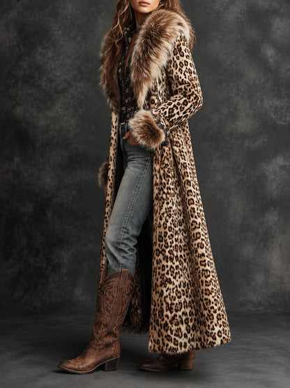 Vintage Boho Leopard  Faux Fur Longline Coat