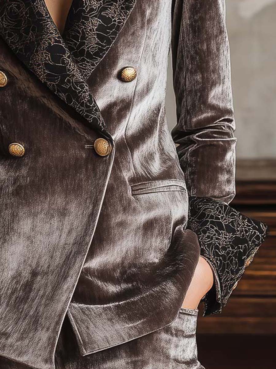 Velvet Blazer With Printed Lapel And Cuffs – Smoky Taupe