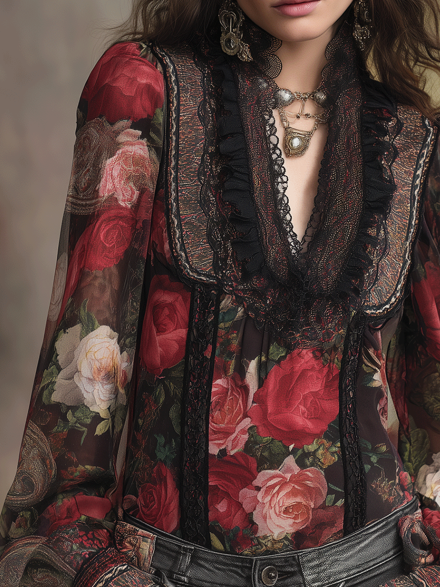 Vintage Boho Romantic Rose Lace Chiffon Blouse – BCSHARED