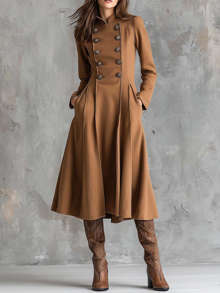 Vintage Camel Double-Breasted Midi Coat Dress