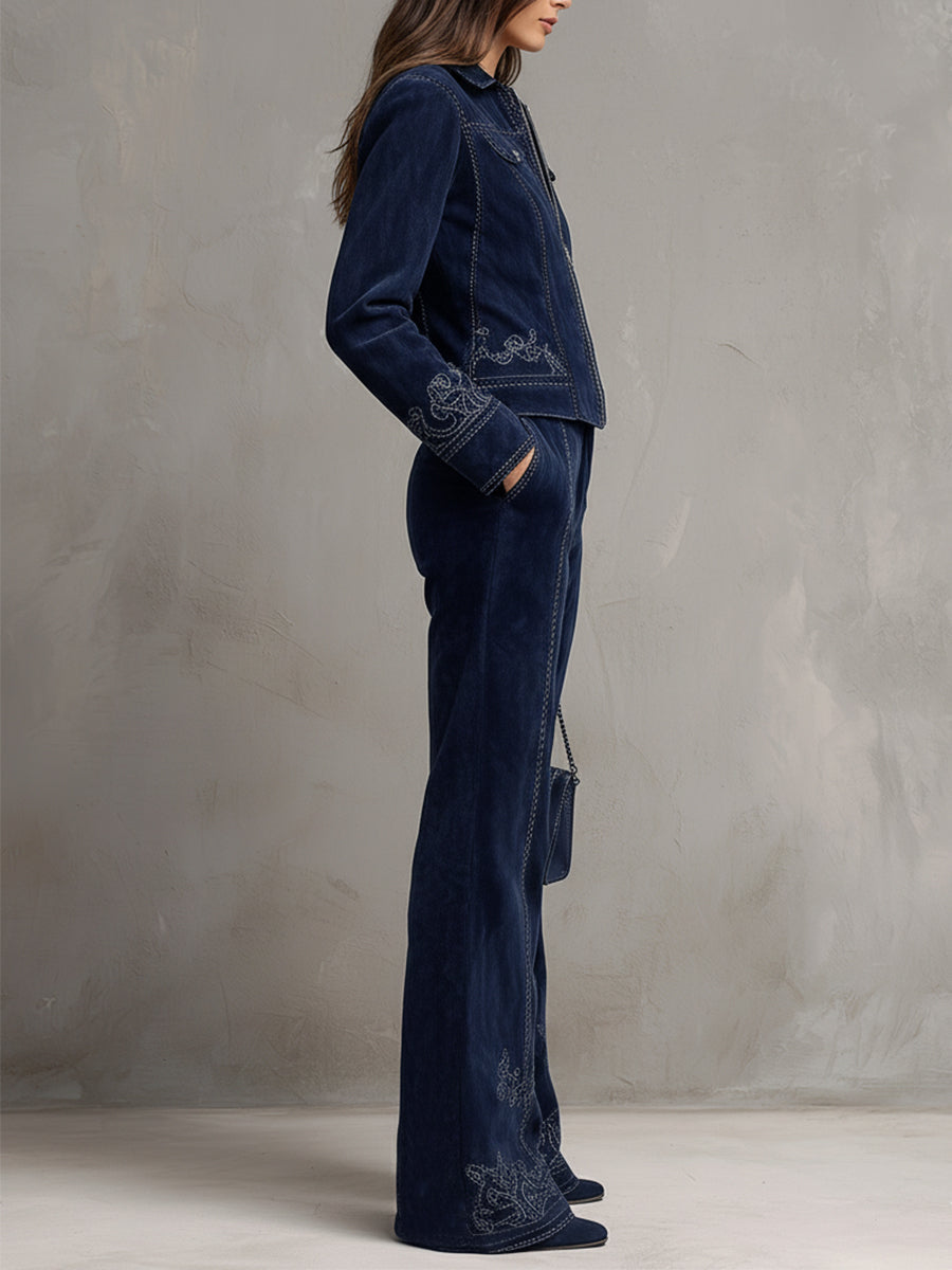 Vintage Suede Embroidered Front Zip Straight Jacket