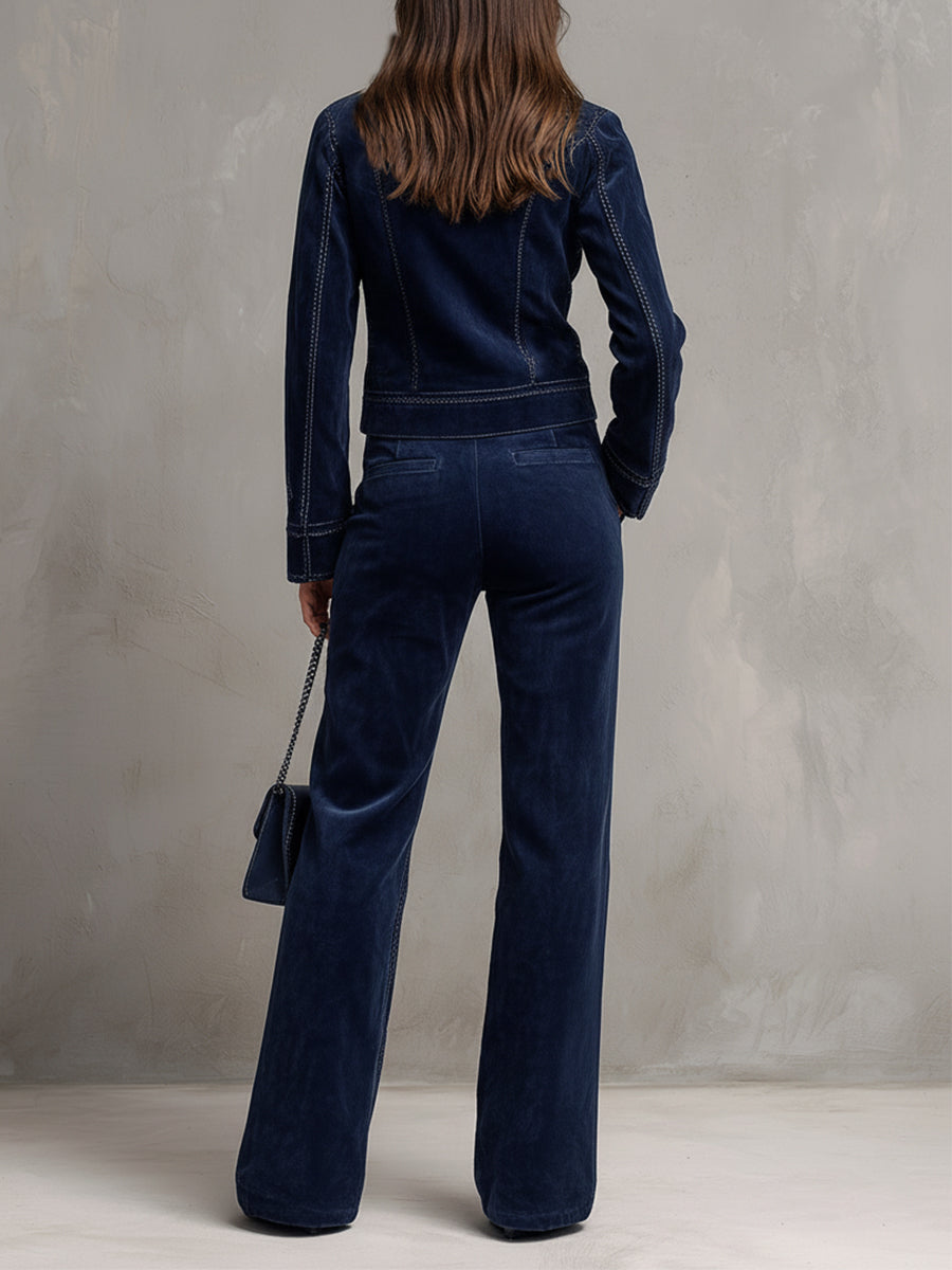 Vintage Suede Embroidered Front Zip Straight Jacket