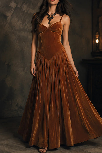 Spaghetti Strap Vintage Caramel Swan Maxi Dress