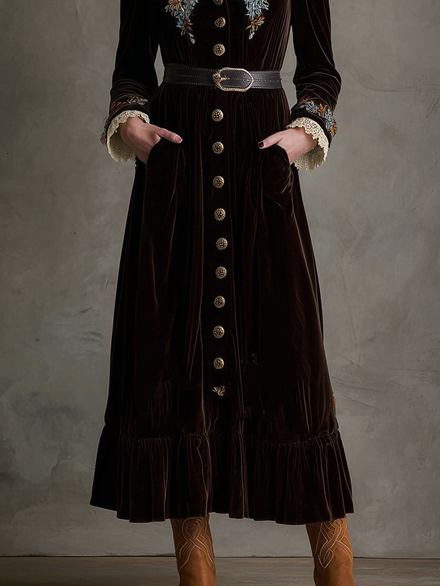 Elegant Lace Velvet Embroidered Ruffle Hem Midi Dress With Belt