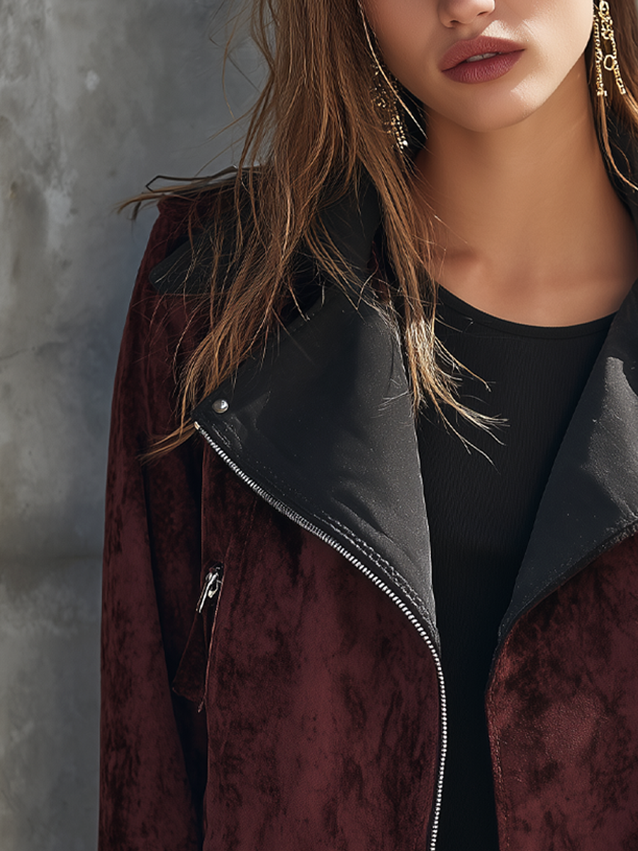 Retro Contrasting Eco-Leather And Velvet Moto Jacket