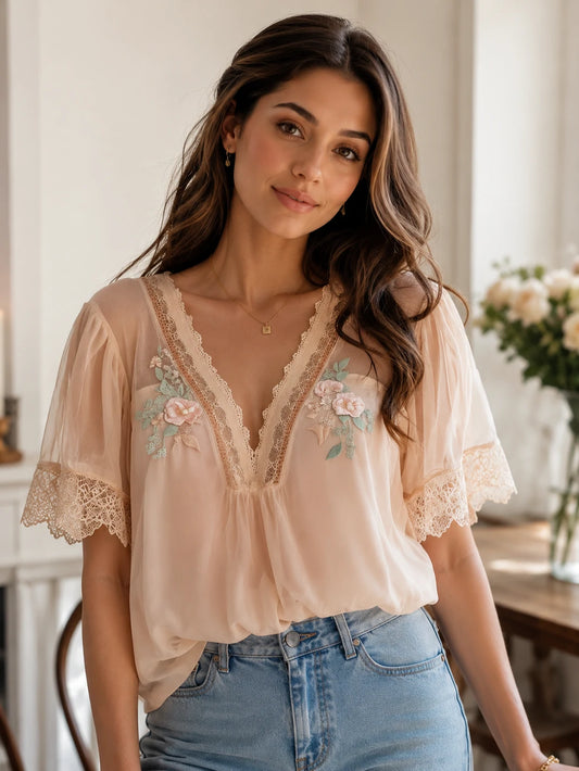Boho Delicate Floral Embroidered Chiffon Blouse