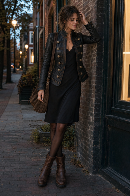 Vintage Military Gold-Button Black Faux Leather Fitted Jacket