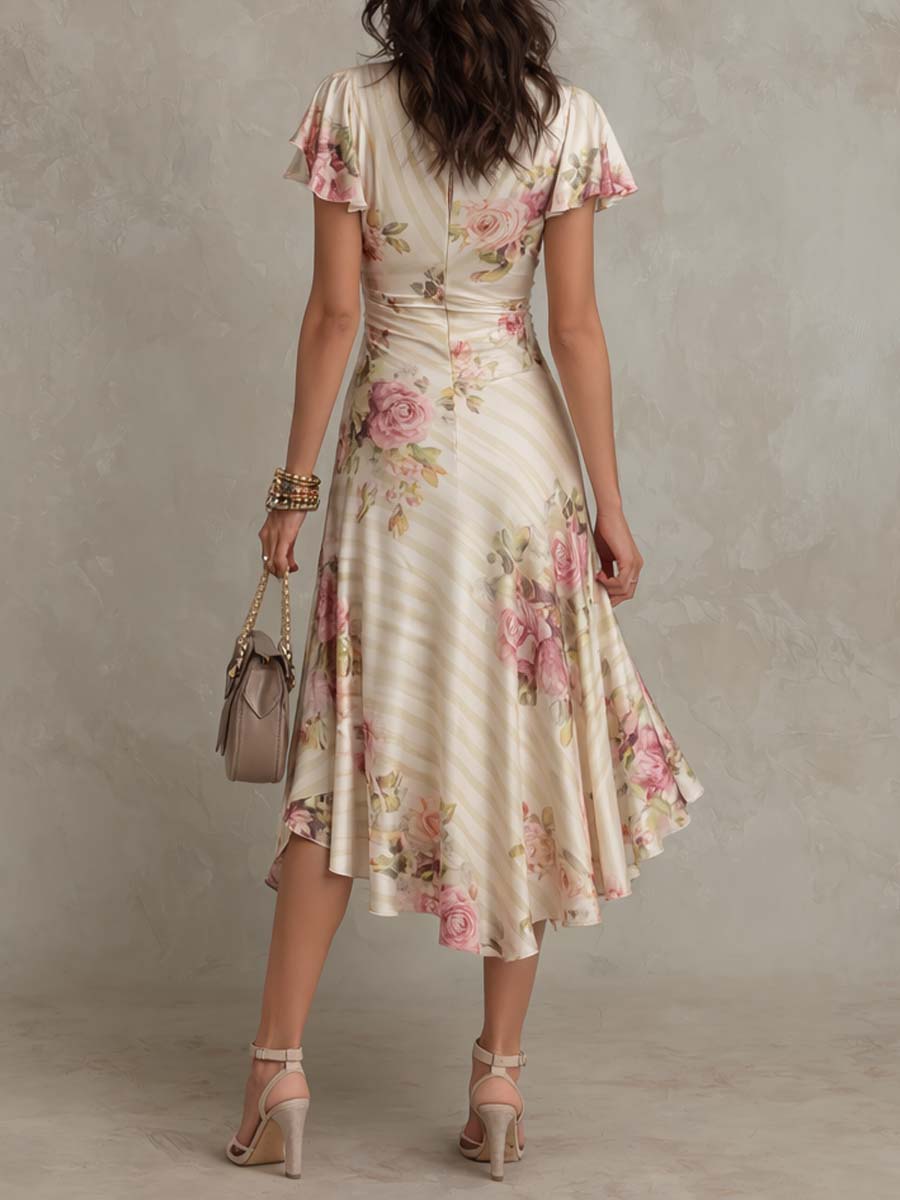 Elegant Vintage Floral Chiffon Midi Dress