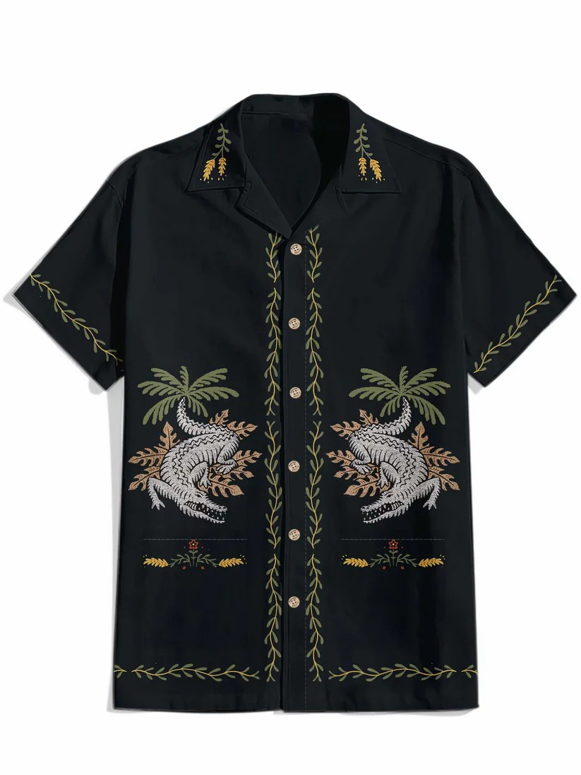 Crocodile And Coconut Tree - 100% Cotton Cuban Collar Shirt