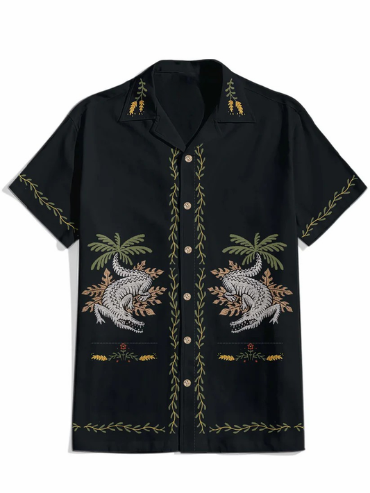 Crocodile And Coconut Tree - 100% Cotton Cuban Collar Shirt