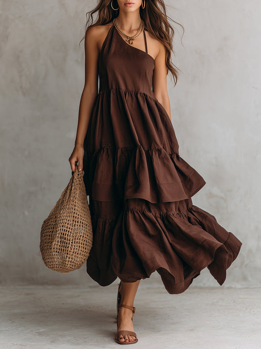 Boho Ruffle Hem One Shoulder Maxi Dress