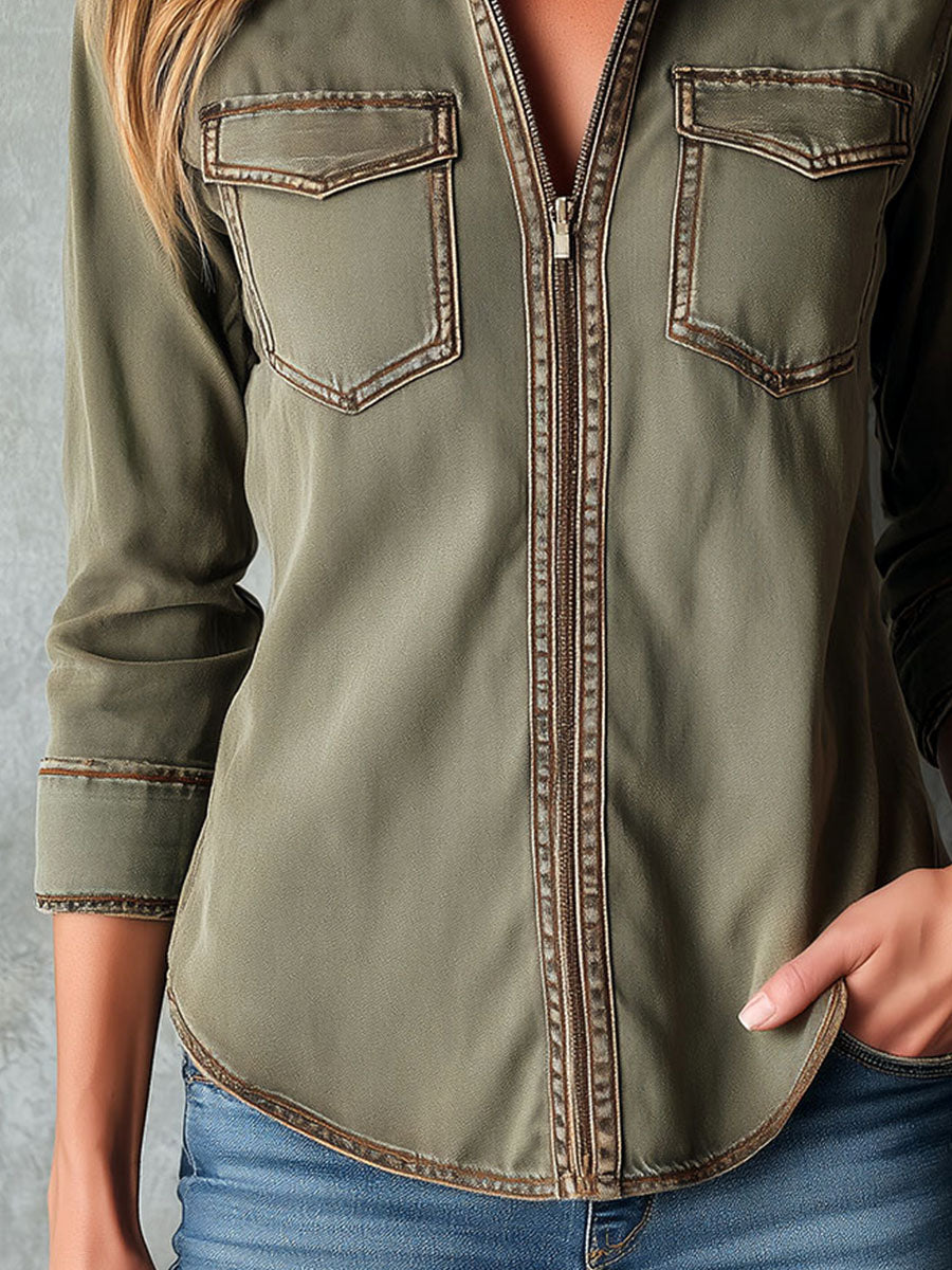 Vintage Army Green Utility Zip Shirt Jacket With Contrast Stitching
