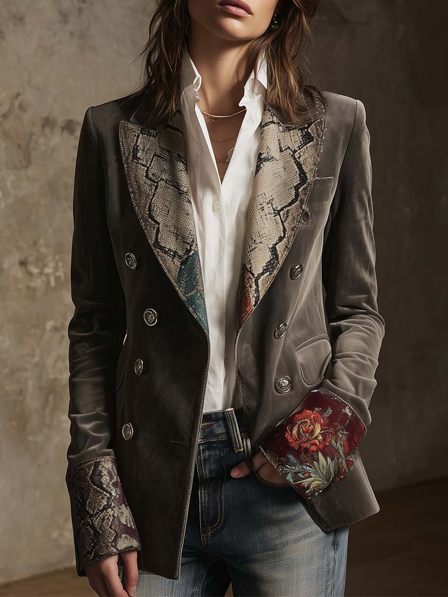 Velvet Blazer With Printed Lapels And Cuffs