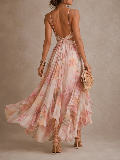 Blush Watercolor Floral Cutout Ruffle Maxi Dress