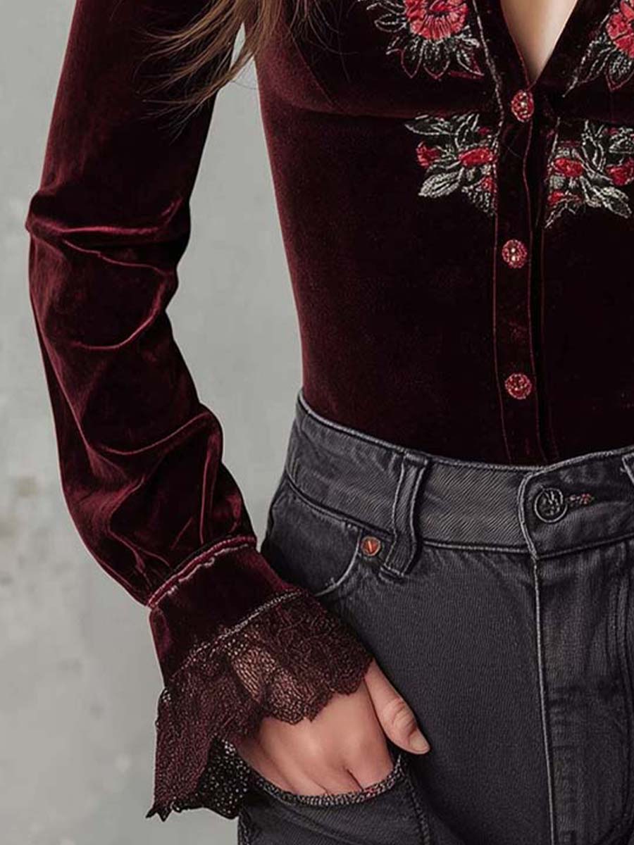 Wine Red Velvet Embroidered Lace Shirt
