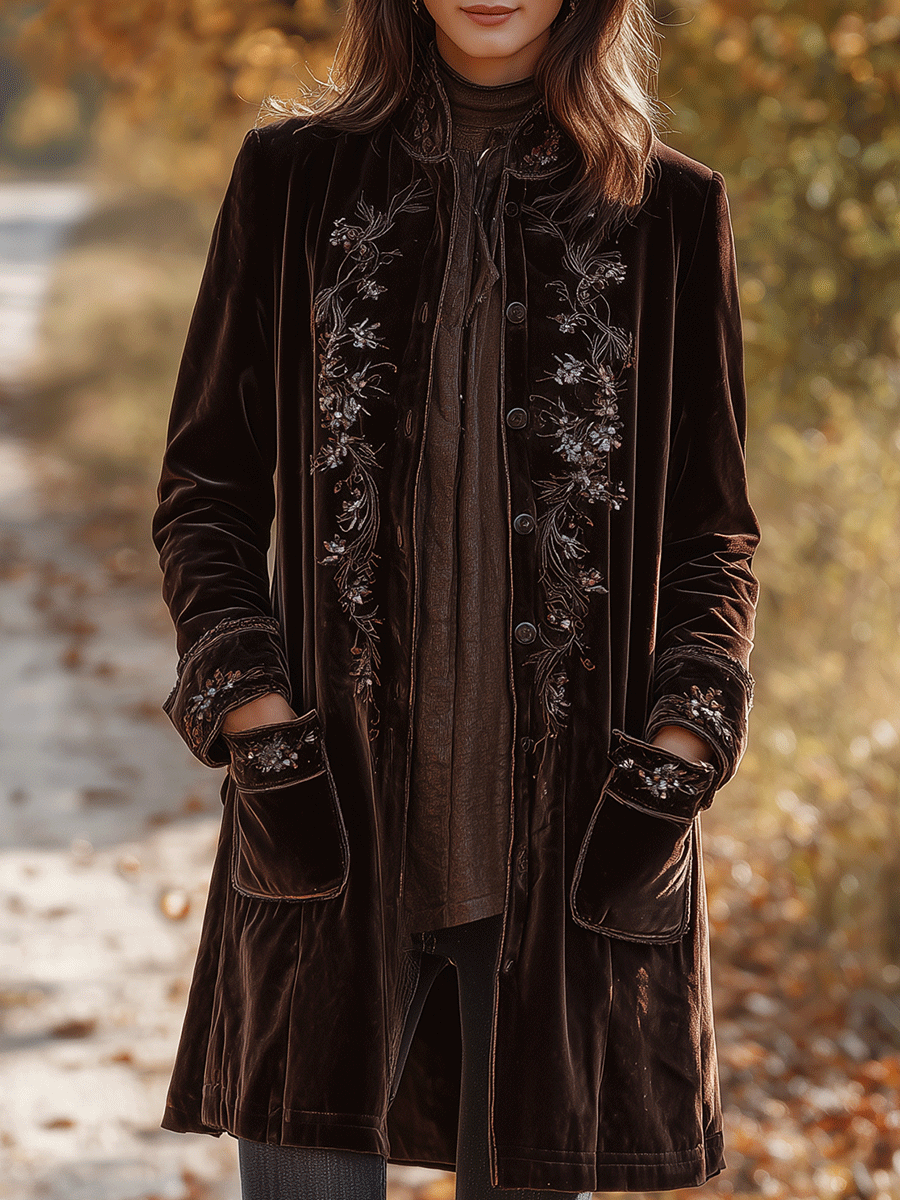 Vintage Chocolate Velvet Embroidered Long Coat