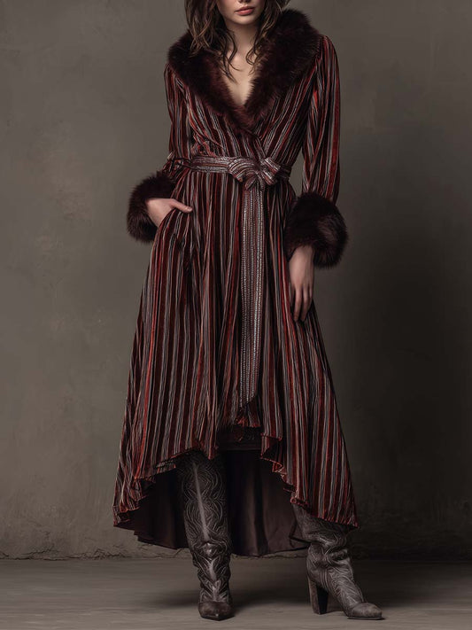 Vintage Striped Velvet Coat With Faux Fur Trim