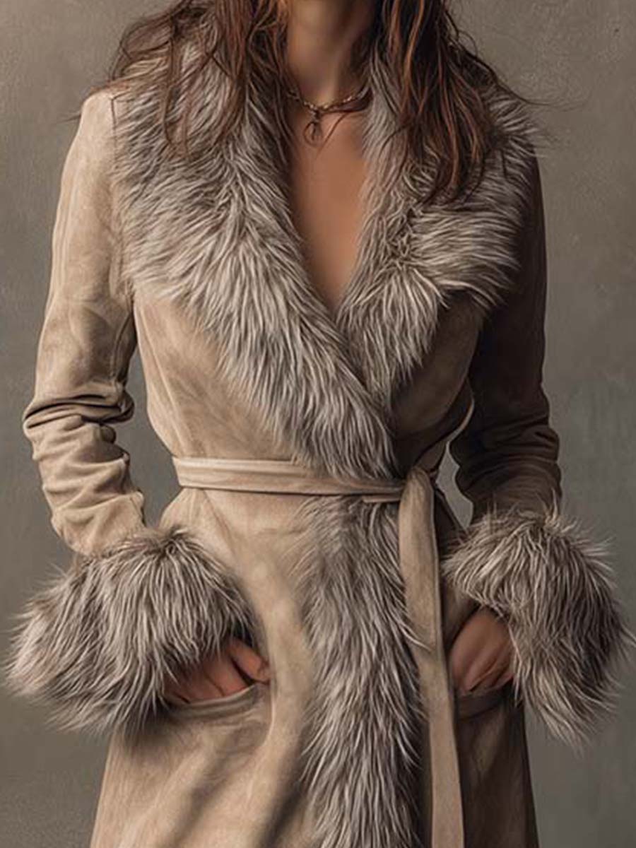 Toffee Cream Eco-friendly Suede Long Coat With Faux Fur Trim And Belt
