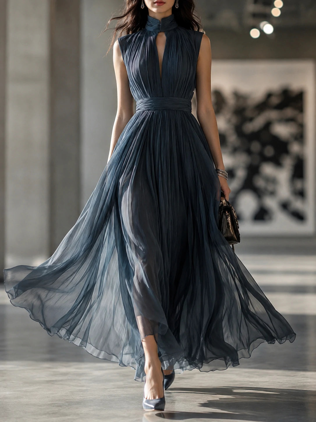 Retro Pleated Chiffon Keyhole Collar Maxi Dress