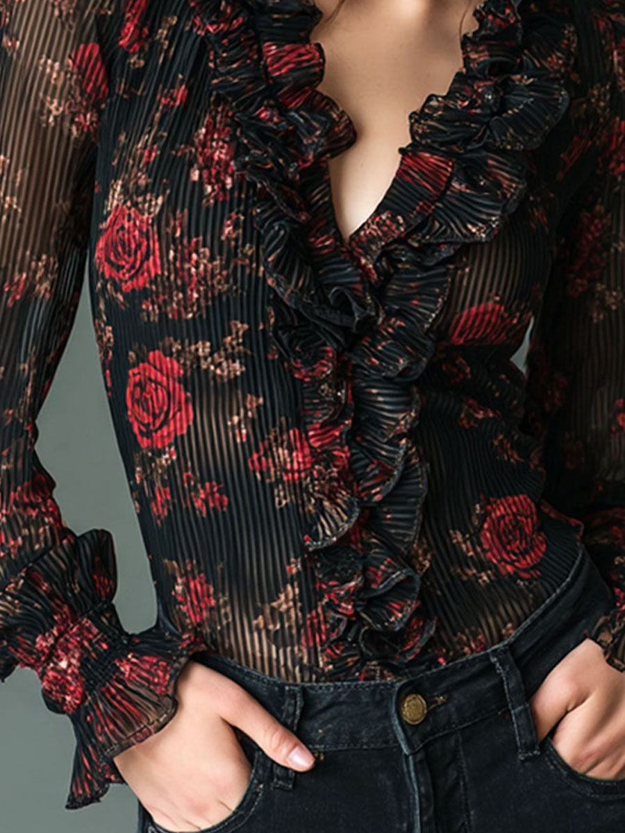 Romantic Ruffled Black Rose Floral Print Blouse