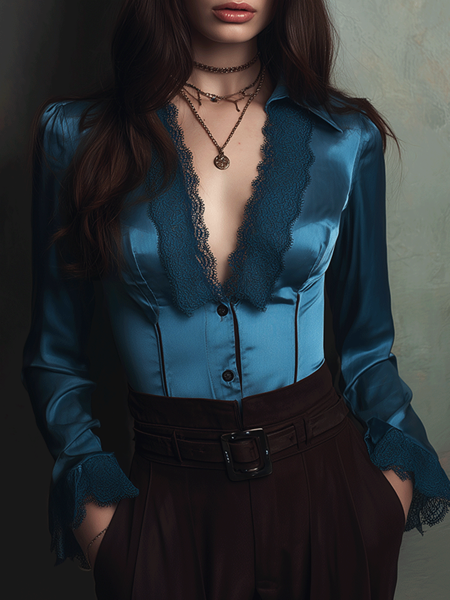 Vintage Lace Trim Waist Satin Shirt
