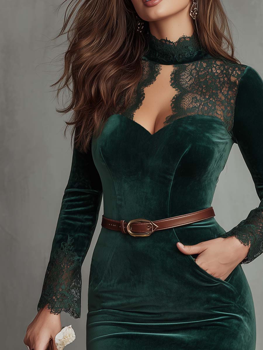 Vintage Keyhole Neck Lace Trim Polyester Velvet Mini Dress
