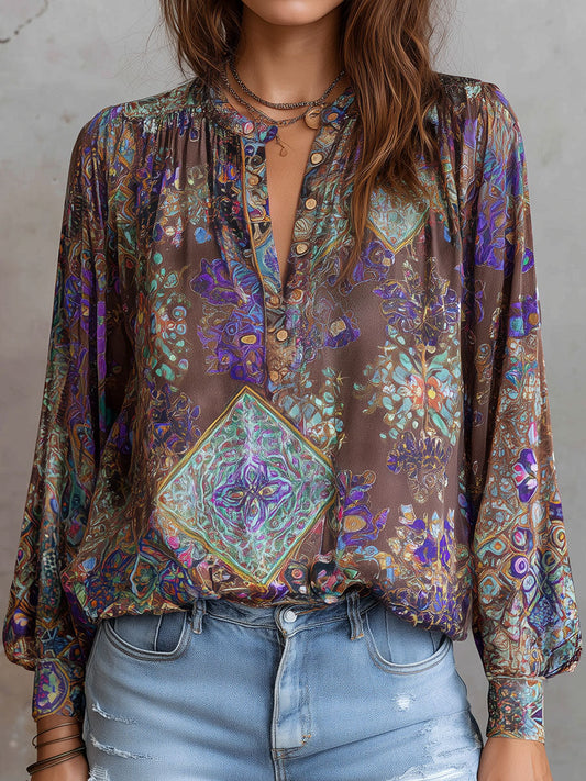 Vintage Colorful Pattern Print V-Neck Button Down Blouse