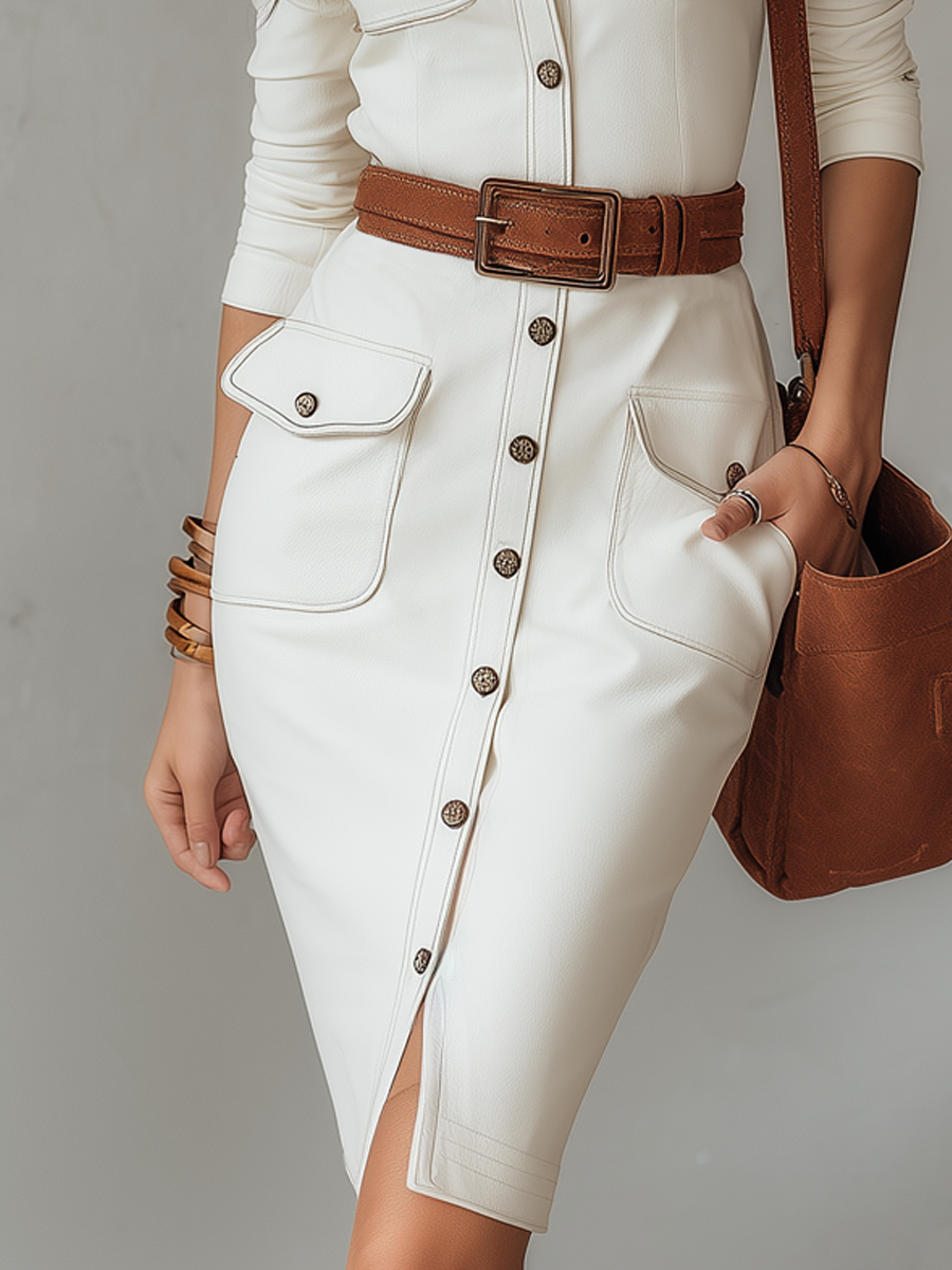 Vintage Henley Collar Multi-Pocket Eco-Leather Midi Dress